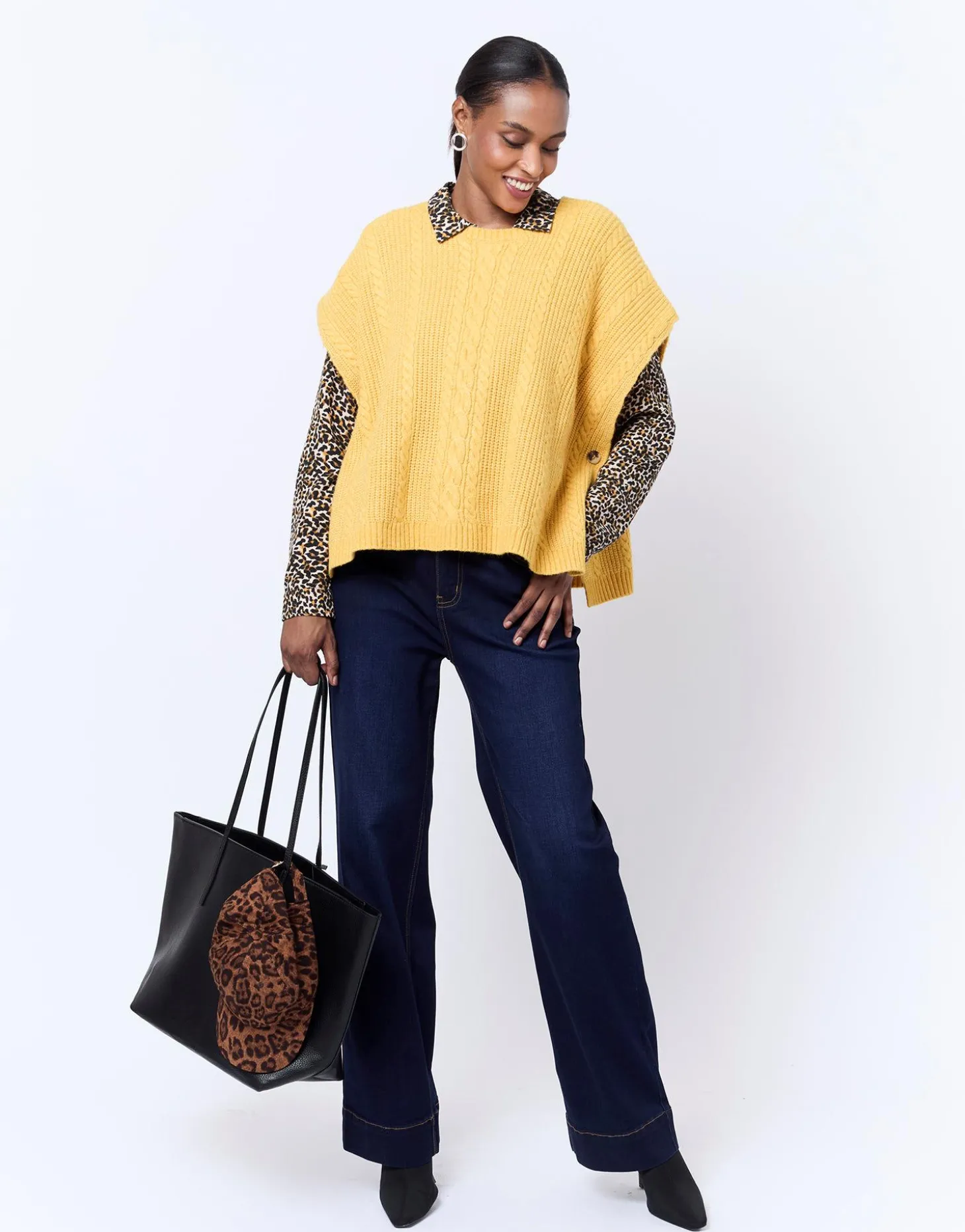 Pull épais court en mélange laine uni JAUNE Femme
