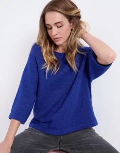 Pull épais court en mélange laine uni BLEU Femme