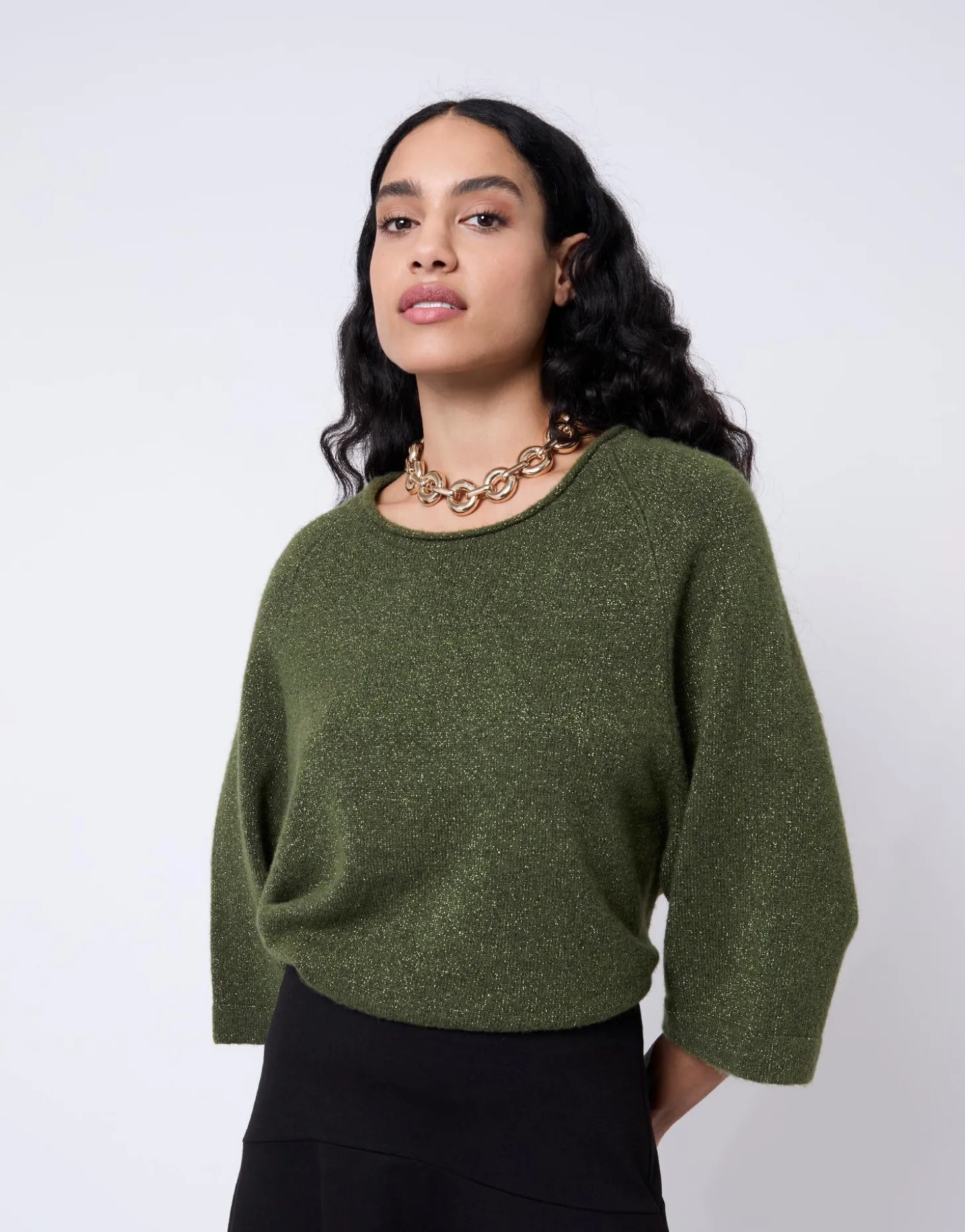 Pull épais court en mélange laine uni VERT Femme