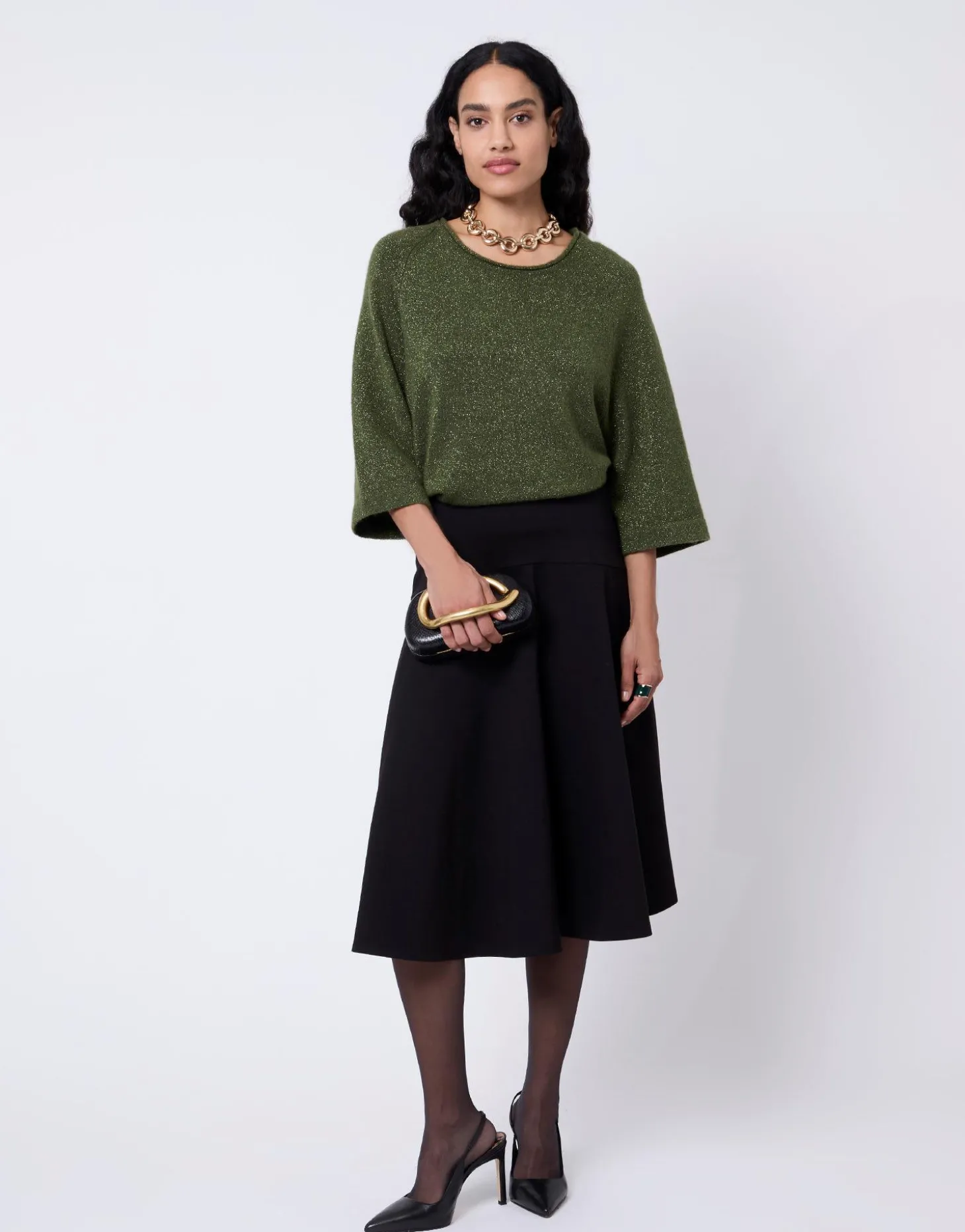 Pull épais court en mélange laine uni VERT Femme