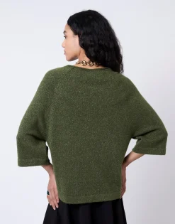 Pull épais court en mélange laine uni VERT Femme