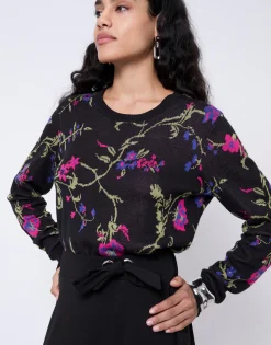 Pull épais en mélange coton Jacquard motif fleurs NOIR Femme