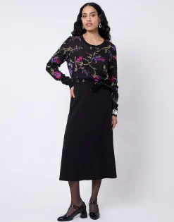 Pull épais en mélange coton Jacquard motif fleurs NOIR Femme