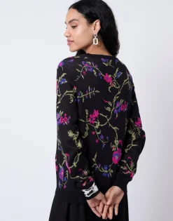 Pull épais en mélange coton Jacquard motif fleurs NOIR Femme