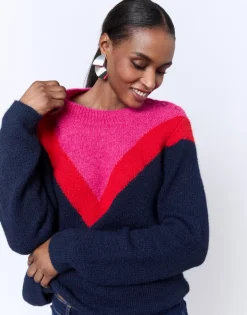 Pull épais en mélange laine color bloc MARINE Femme
