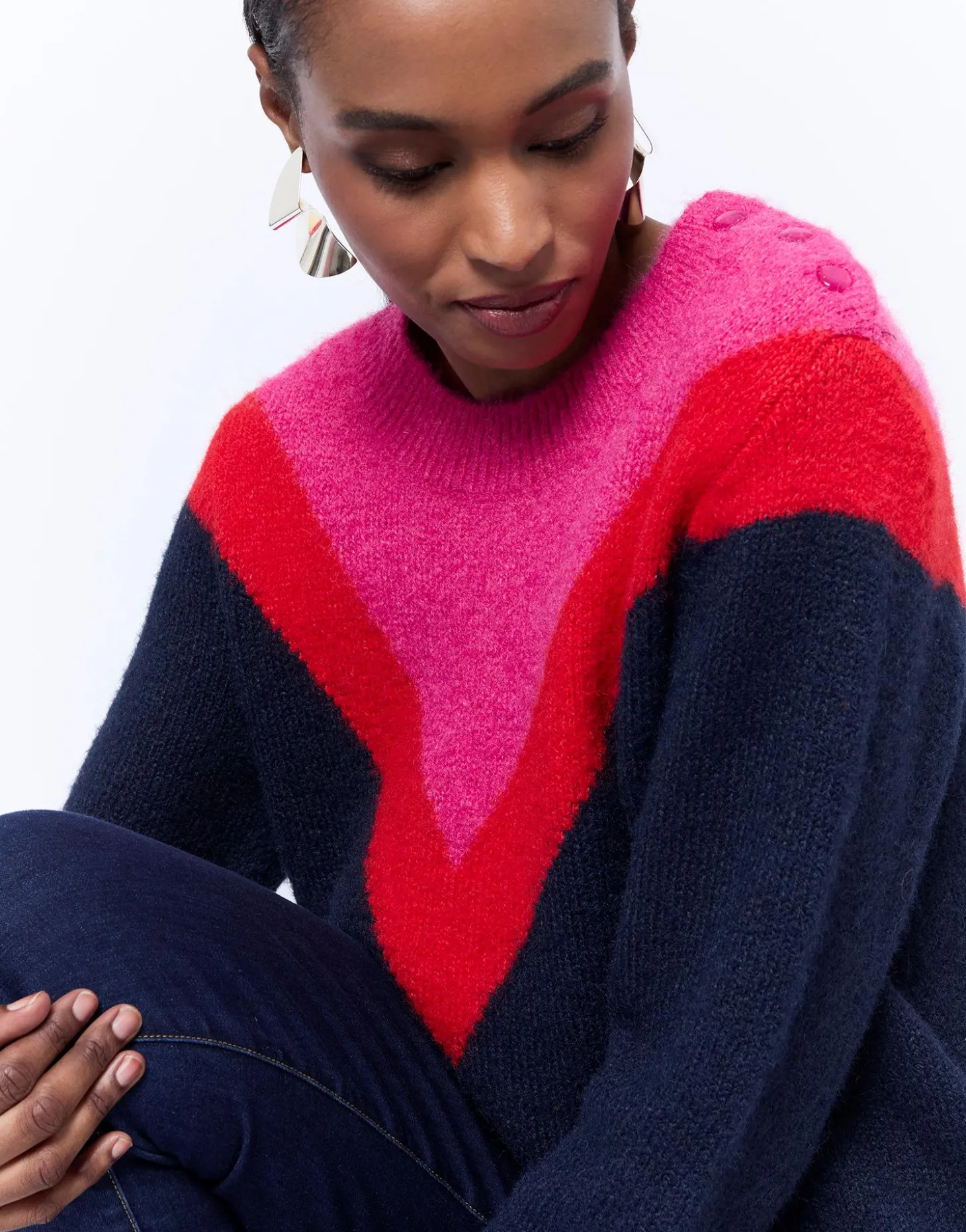 Pull épais en mélange laine color bloc MARINE Femme
