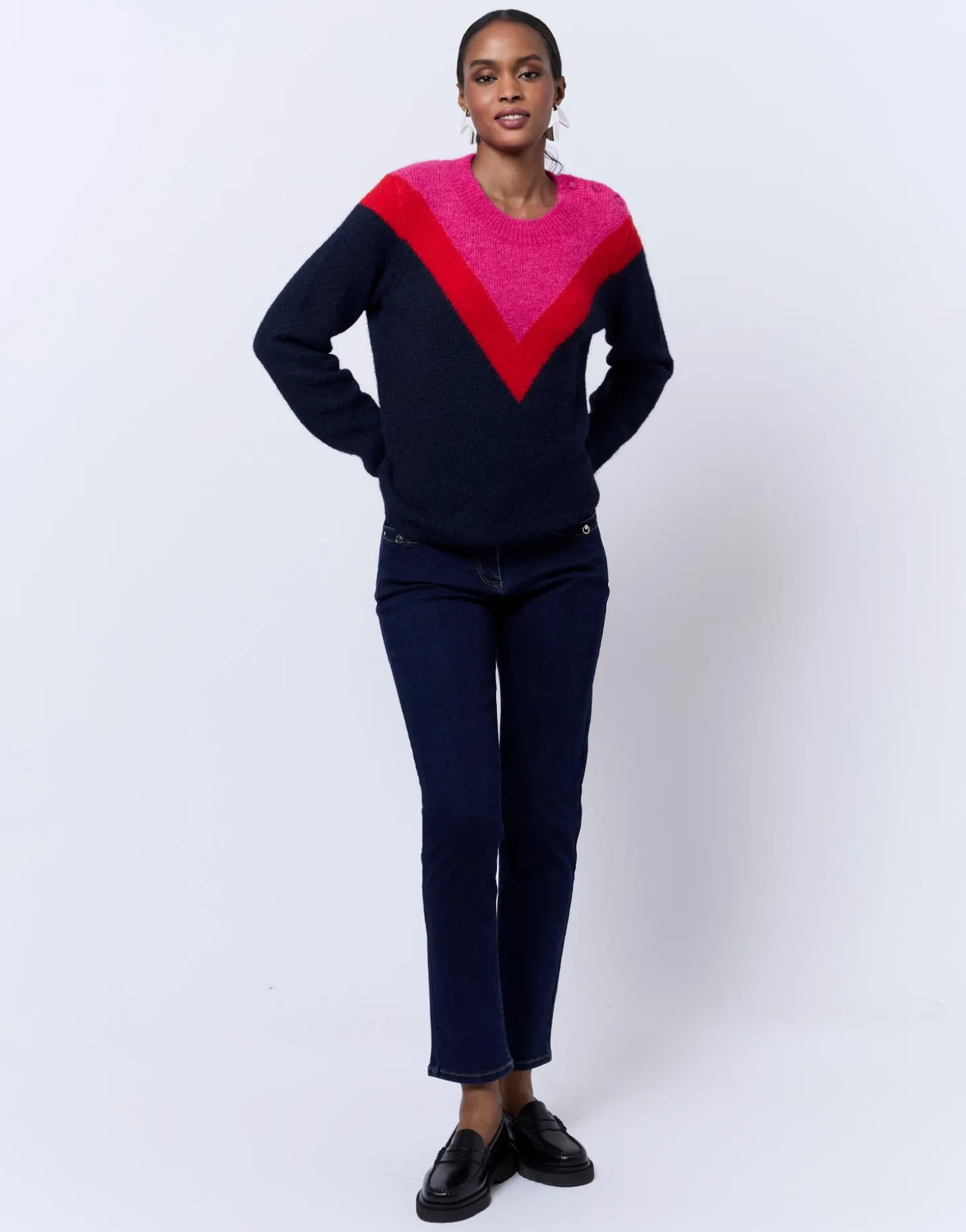 Pull épais en mélange laine color bloc MARINE Femme