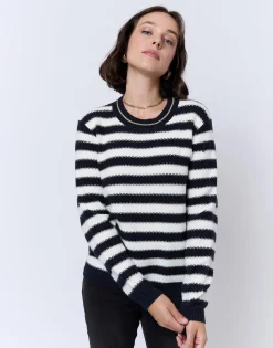 Pull épais en mélange laine rayé MARINE Femme