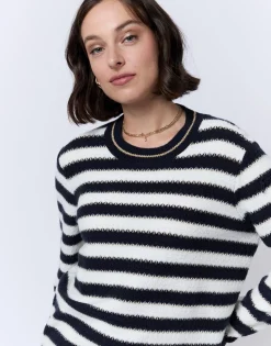 Pull épais en mélange laine rayé MARINE Femme