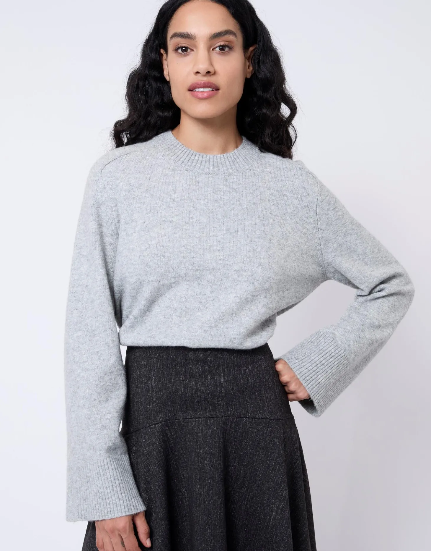 Pull épais en mélange laine uni GRIS Femme