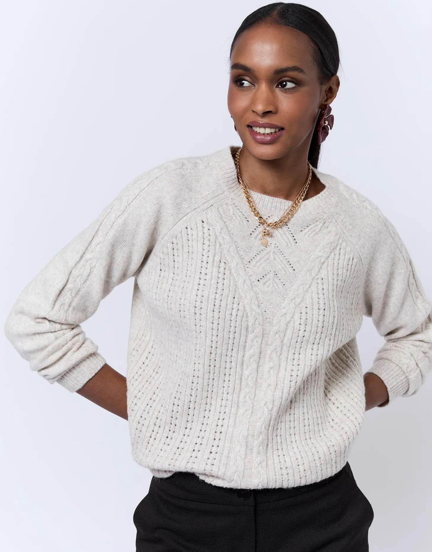 Pull épais en mélange laine uni BEIGE Femme