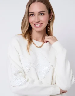 Pull épais en mélange laine uni décoré ECRU Femme