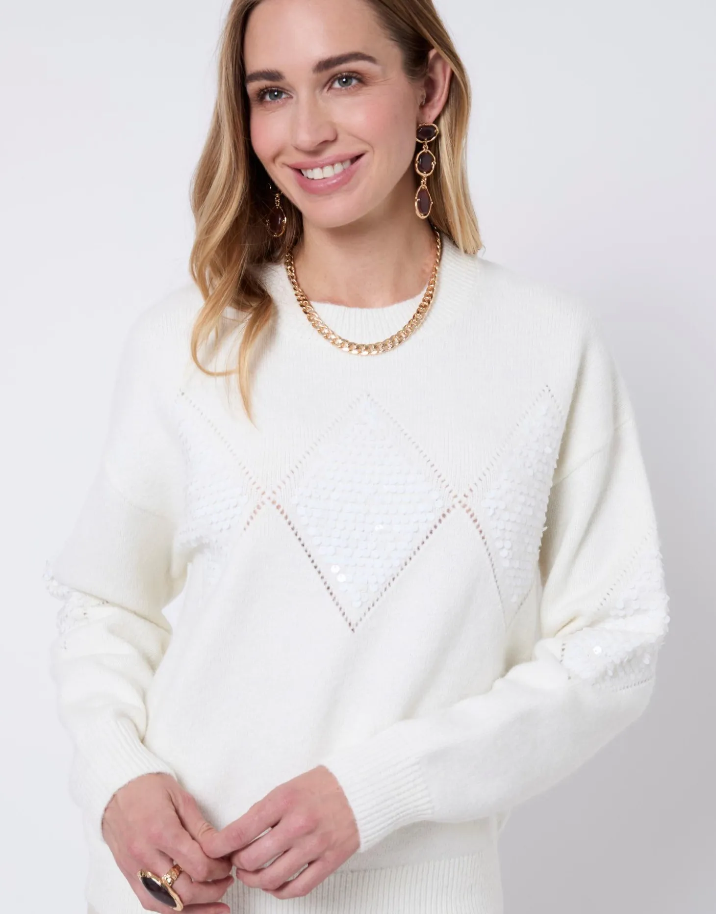 Pull épais en mélange laine uni décoré ECRU Femme