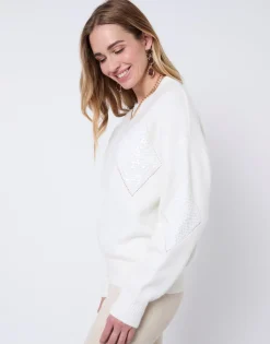 Pull épais en mélange laine uni décoré ECRU Femme