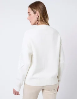 Pull épais en mélange laine uni décoré ECRU Femme
