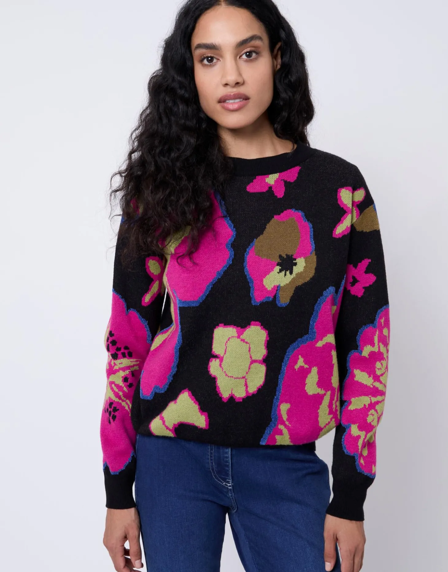 Pull épais Jacquard motif fleurs NOIR Femme