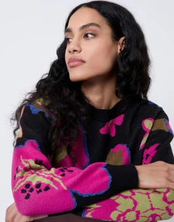 Pull épais Jacquard motif fleurs NOIR Femme