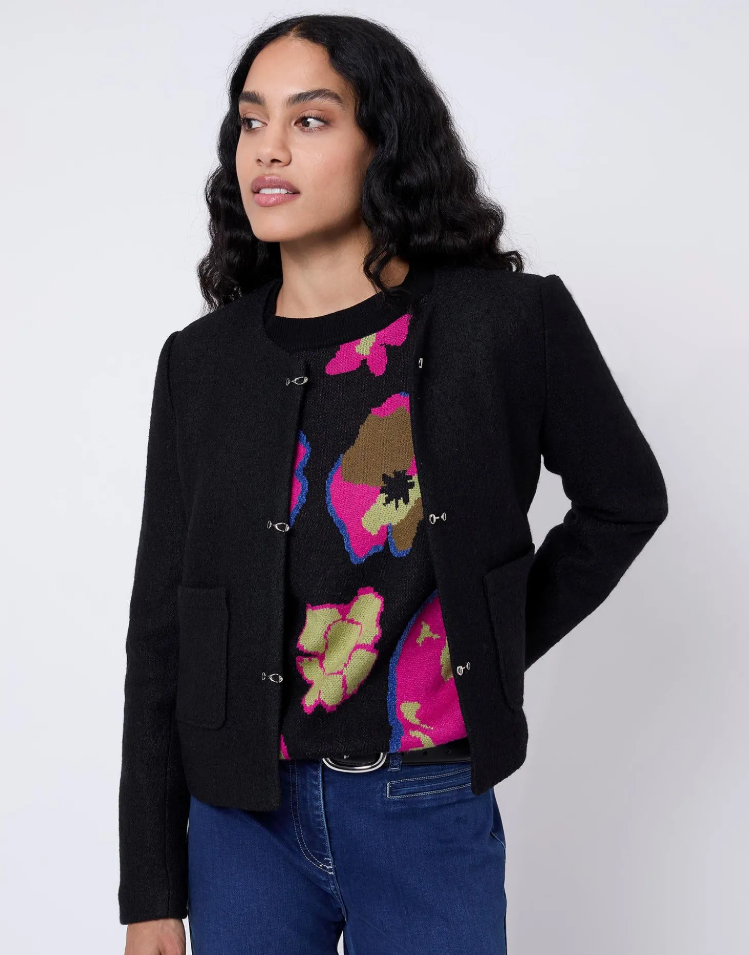 Pull épais Jacquard motif fleurs NOIR Femme