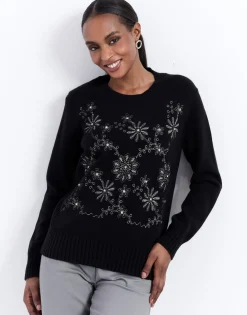 Pull épais uni décoré NOIR Femme