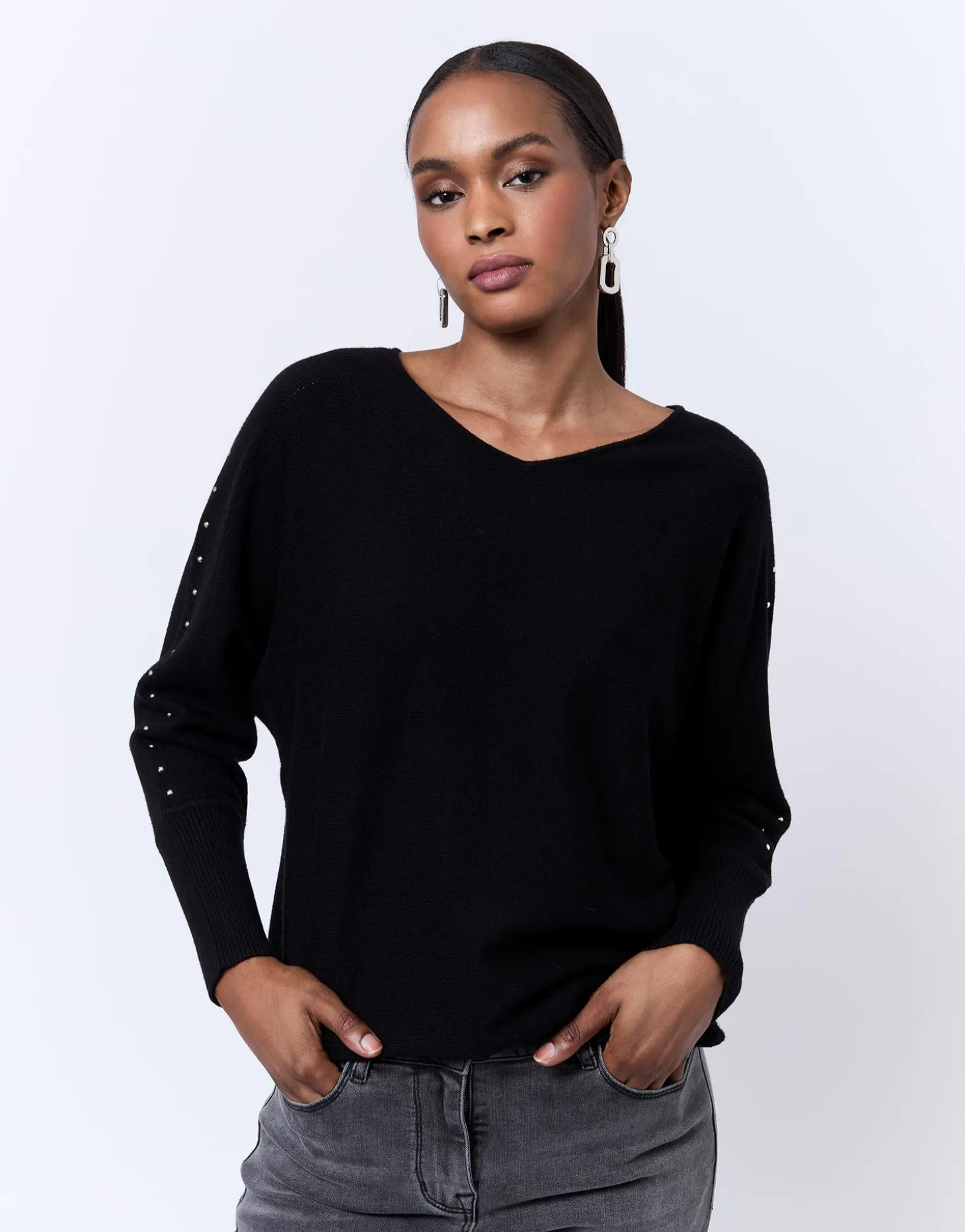 Pull épais uni décoré NOIR Femme