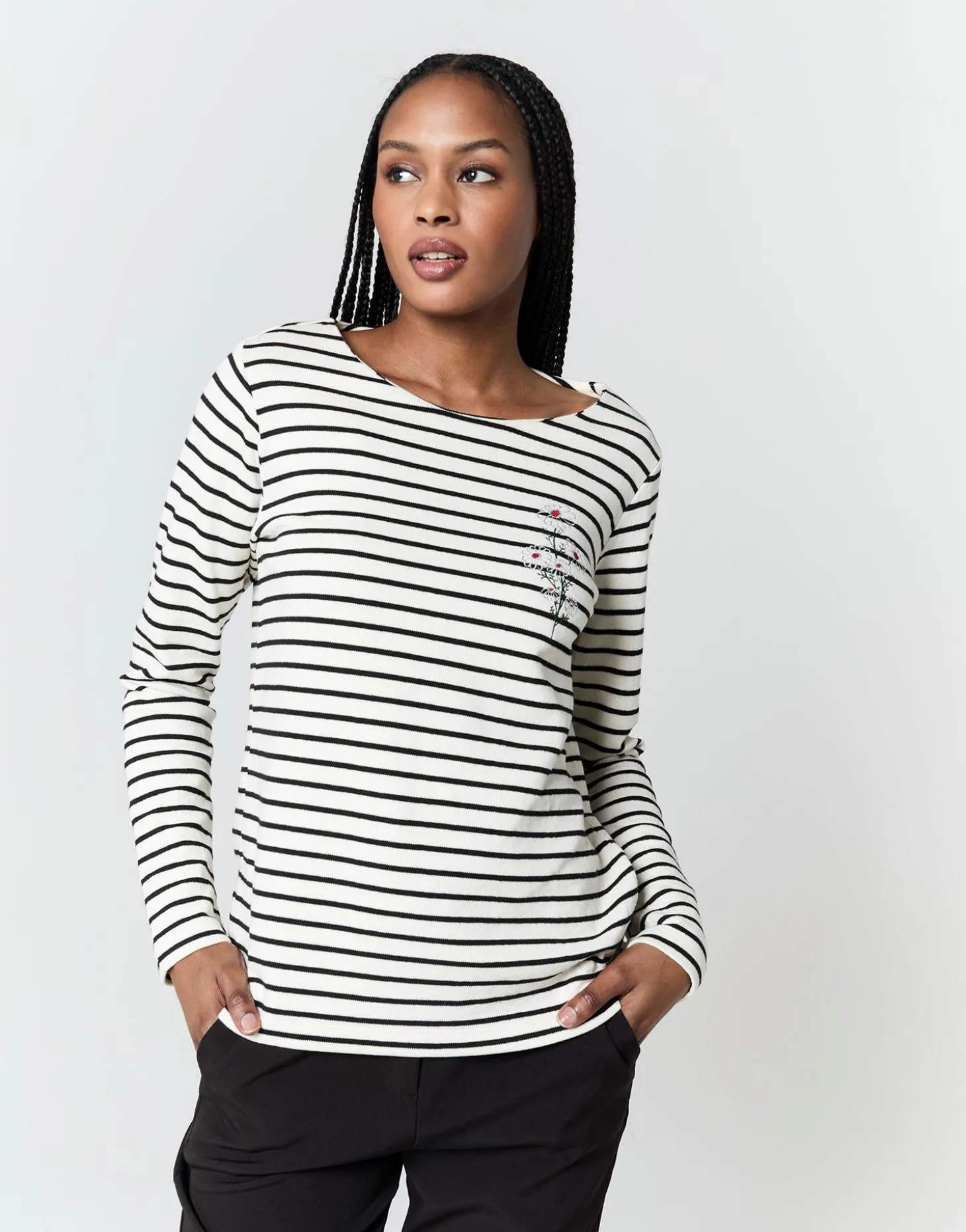 Tee-shirt marinière manches longues en mélange coton rayé NOIR Femme