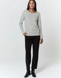 Tee-shirt marinière manches longues en mélange coton rayé NOIR Femme