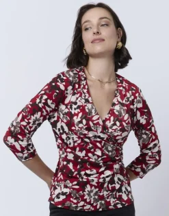 Top manches 3/4 imprimé à fleurs ROUGE Femme