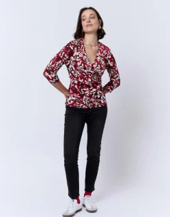 Top manches 3/4 imprimé à fleurs ROUGE Femme