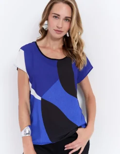Top manches courtes bi-matière color bloc BLEU Femme