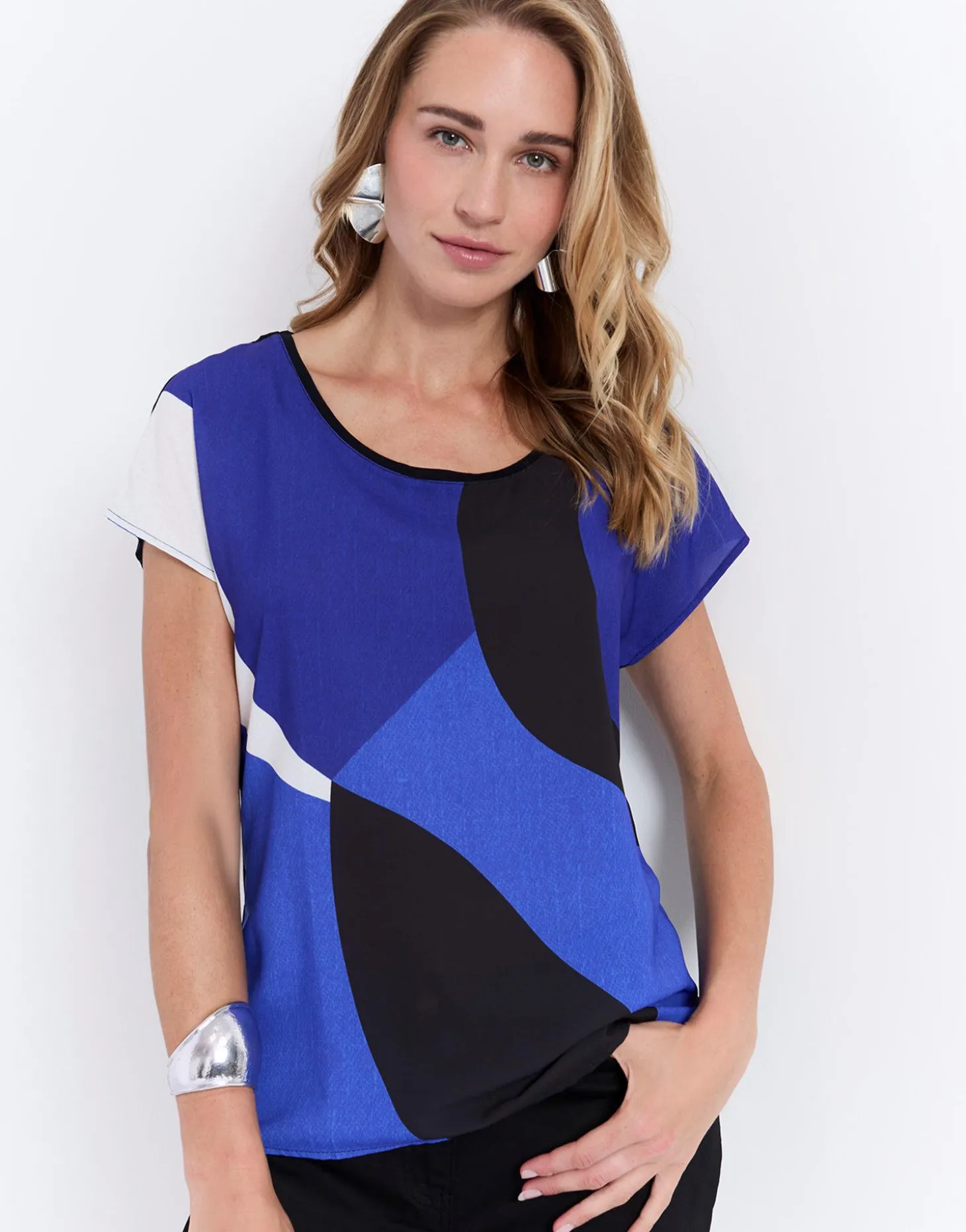 Top manches courtes bi-matière color bloc BLEU Femme