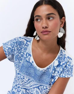 Top manches courtes bi-matière imprimé BLEU Femme