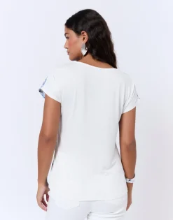 Top manches courtes bi-matière imprimé BLEU Femme