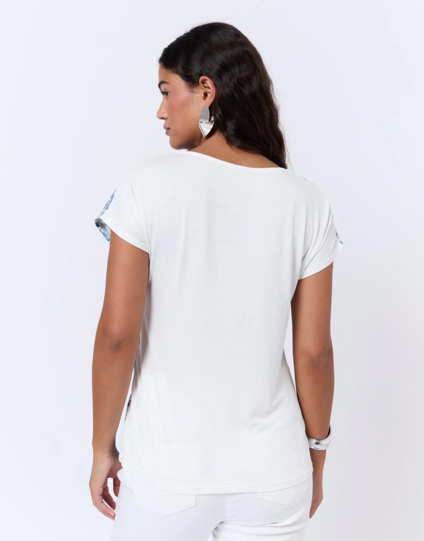 Top manches courtes bi-matière imprimé BLEU Femme