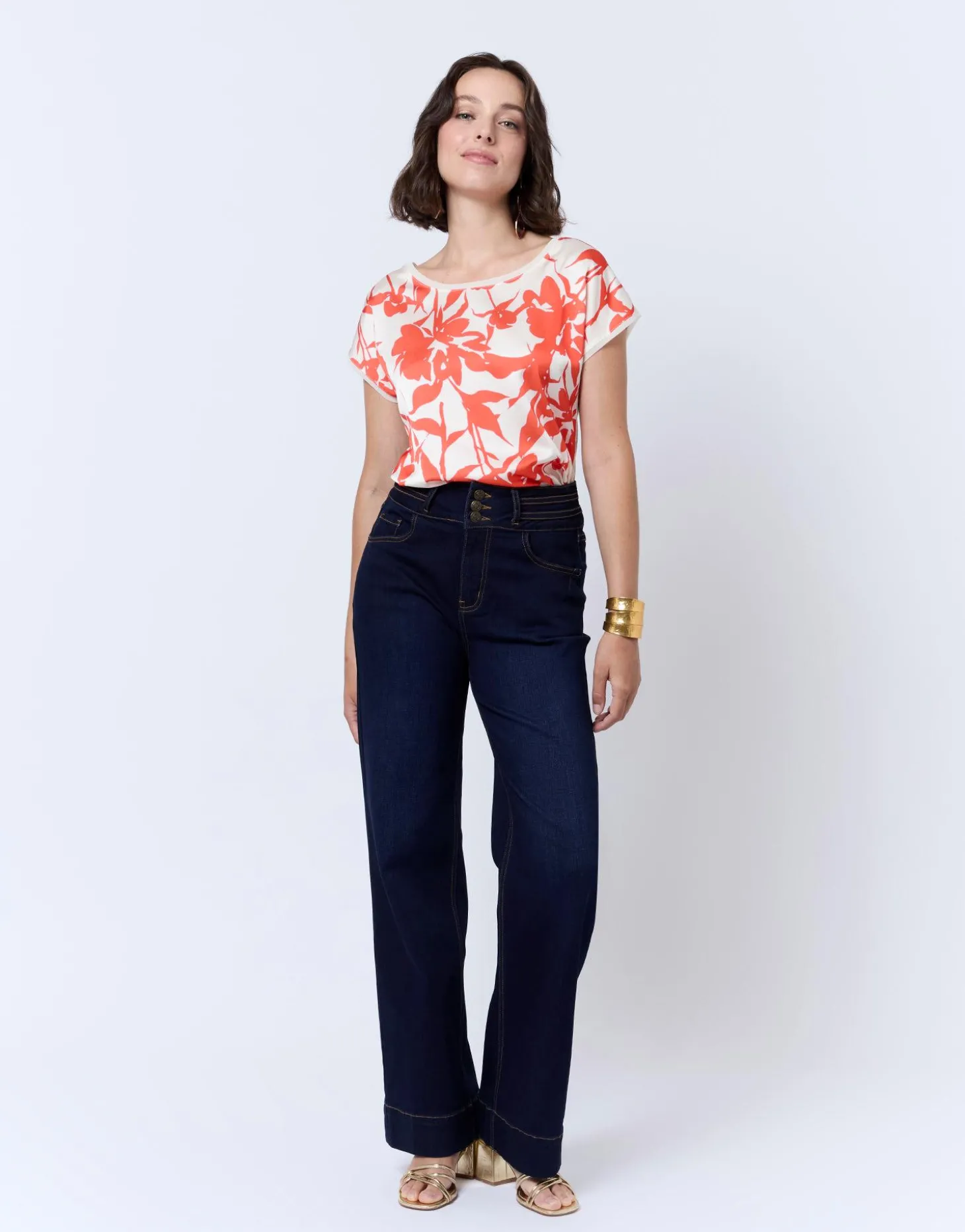 Top manches courtes bi-matière imprimé à fleurs ORANGE Femme