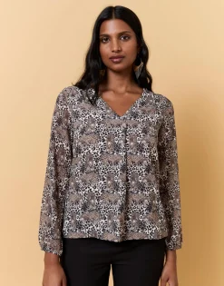 Top manches longues bi-matière imprimé léopard MARRON Femme