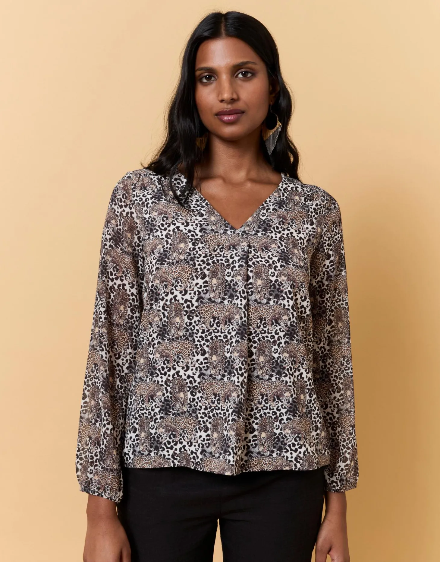 Top manches longues bi-matière imprimé léopard MARRON Femme