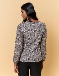 Top manches longues bi-matière imprimé léopard MARRON Femme