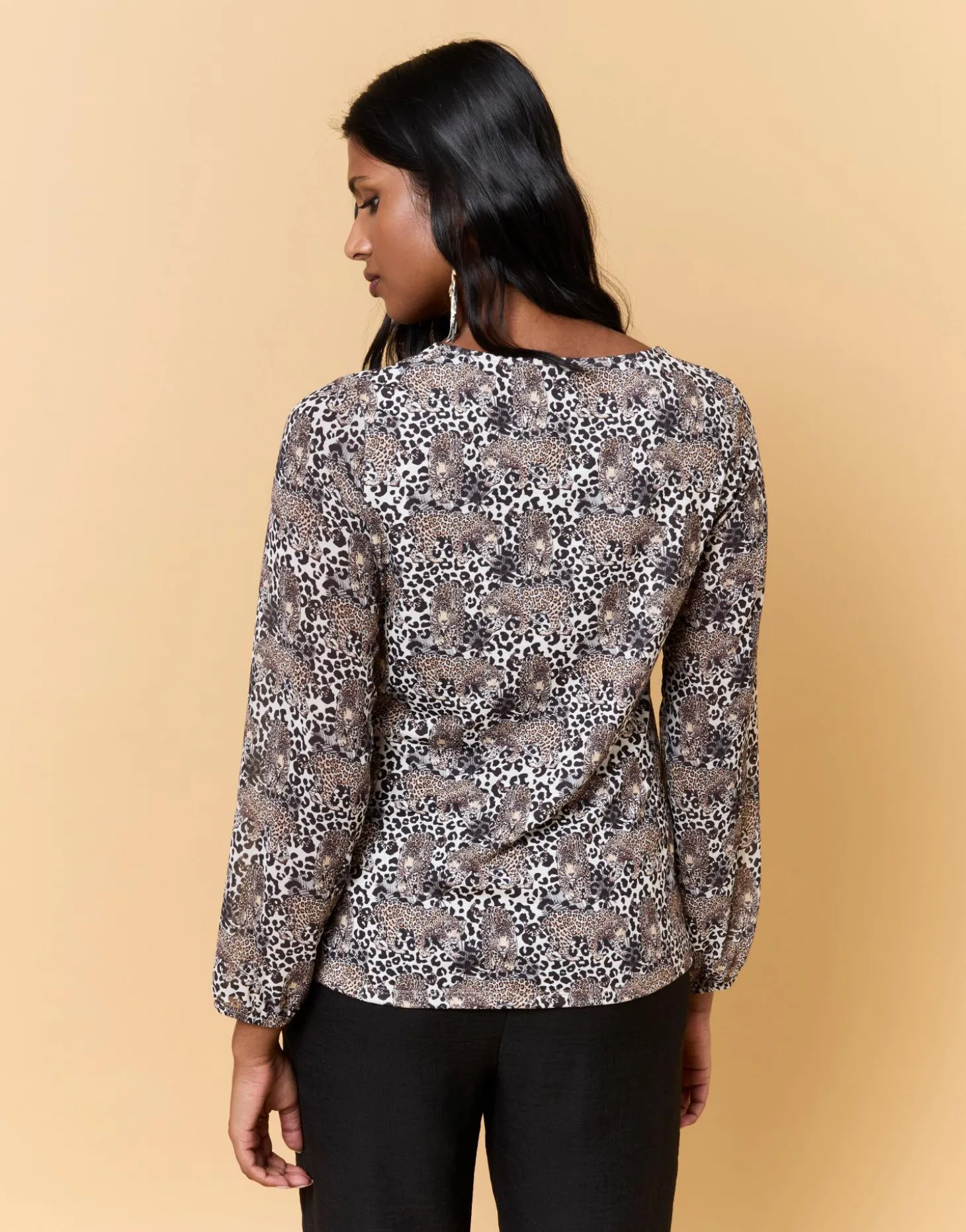 Top manches longues bi-matière imprimé léopard MARRON Femme