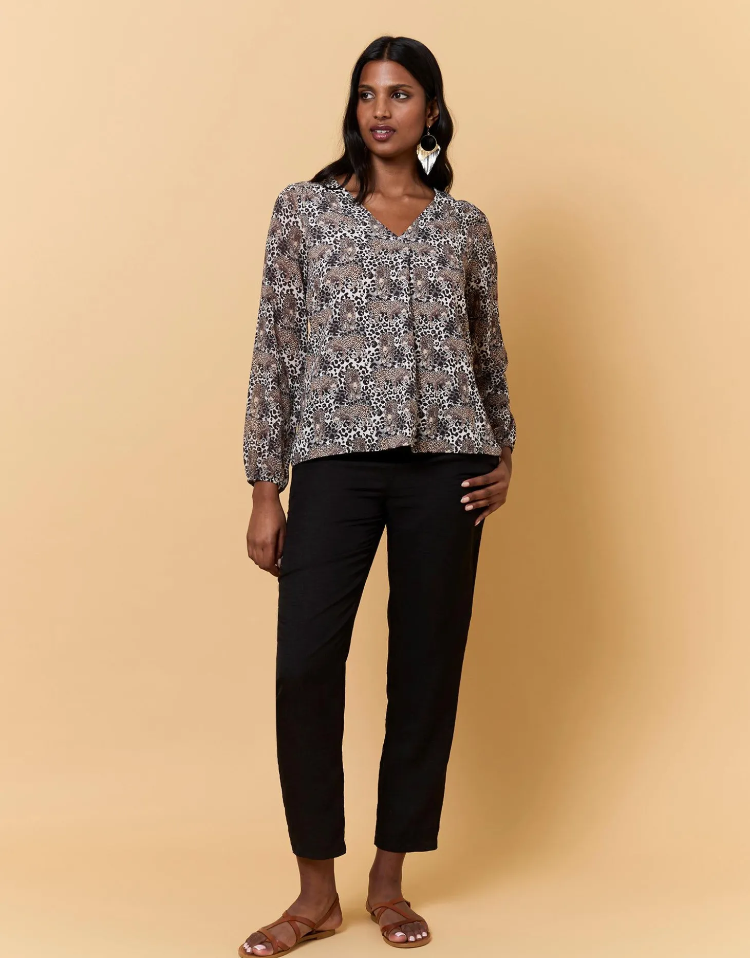 Top manches longues bi-matière imprimé léopard MARRON Femme