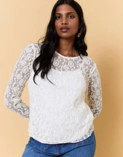 Top manches longues uni décoré BLANC Femme