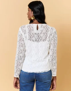 Top manches longues uni décoré BLANC Femme