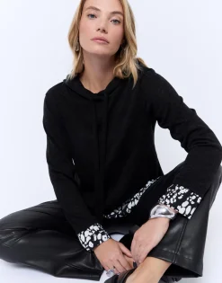 Top manches longues uni décoré NOIR Femme