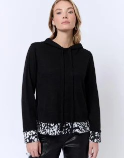 Top manches longues uni décoré NOIR Femme