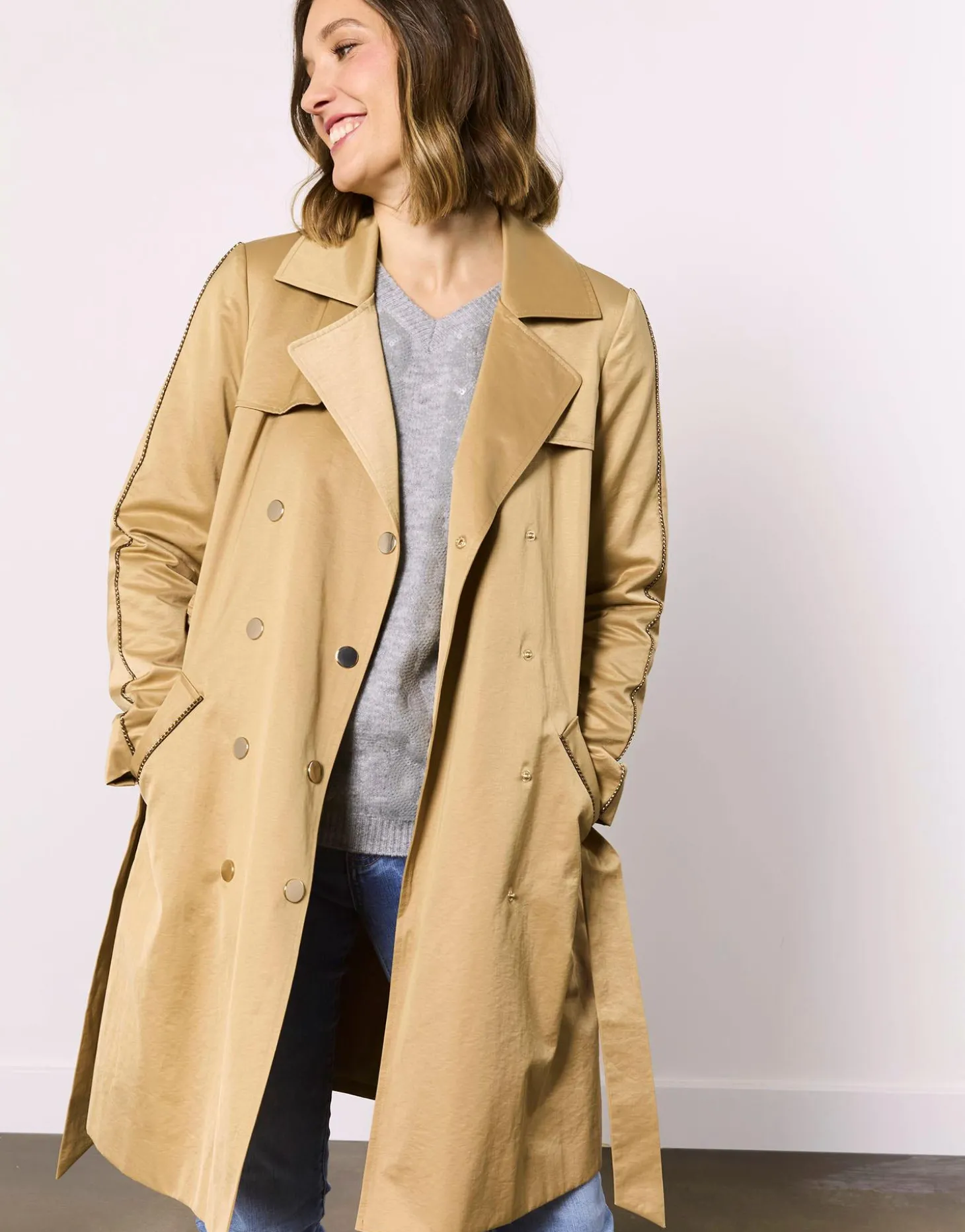 Trench mi-long uni BEIGE Femme