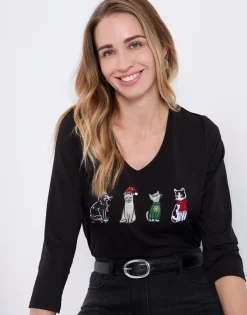 T-Shirt manches 3/4 uni décoré NOIR Femme