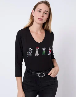 T-Shirt manches 3/4 uni décoré NOIR Femme