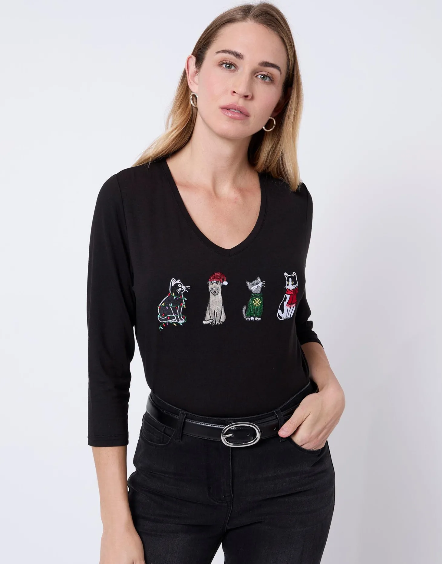 T-Shirt manches 3/4 uni décoré NOIR Femme