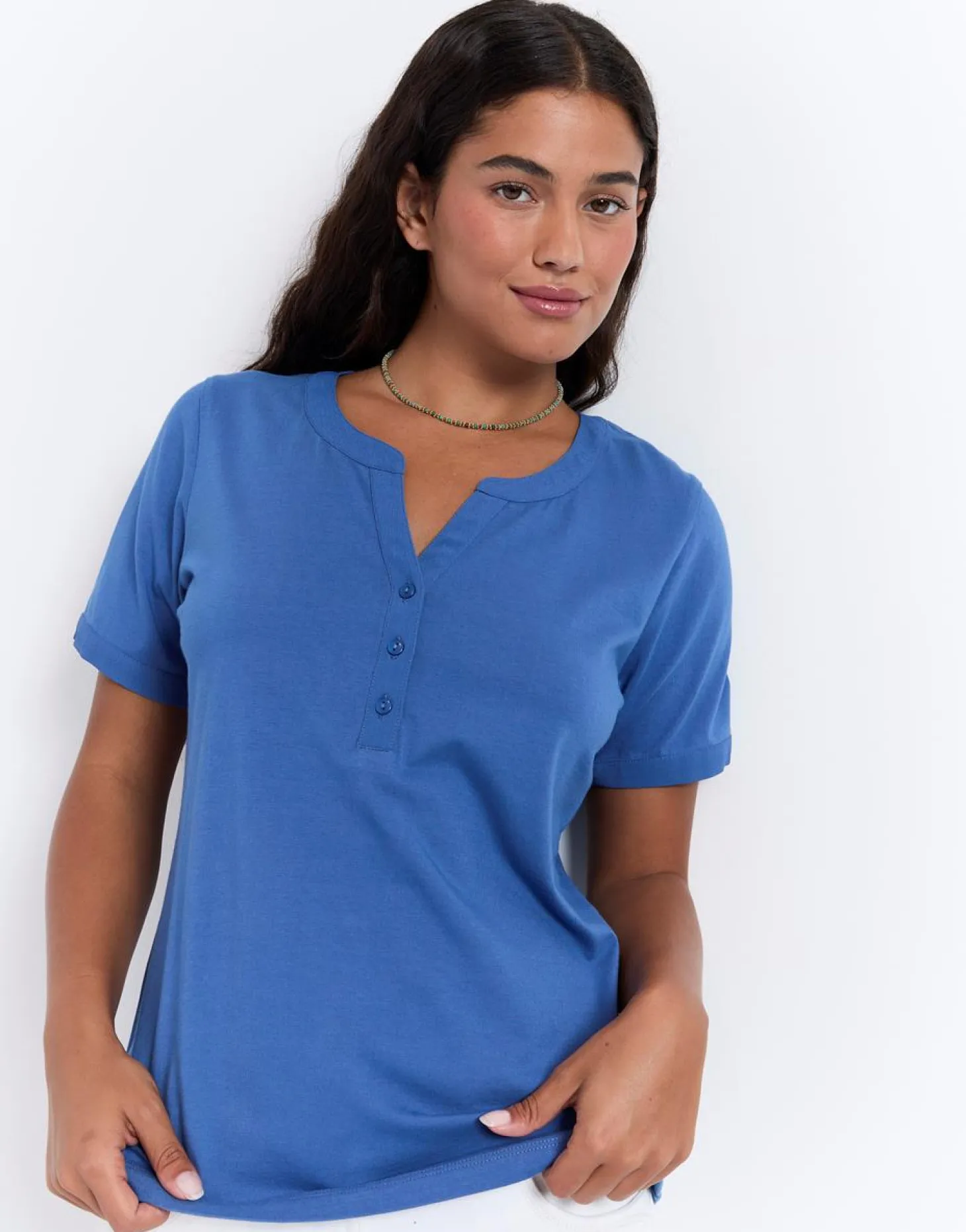 T-Shirt manches courtes en mélange coton uni BLEU Femme