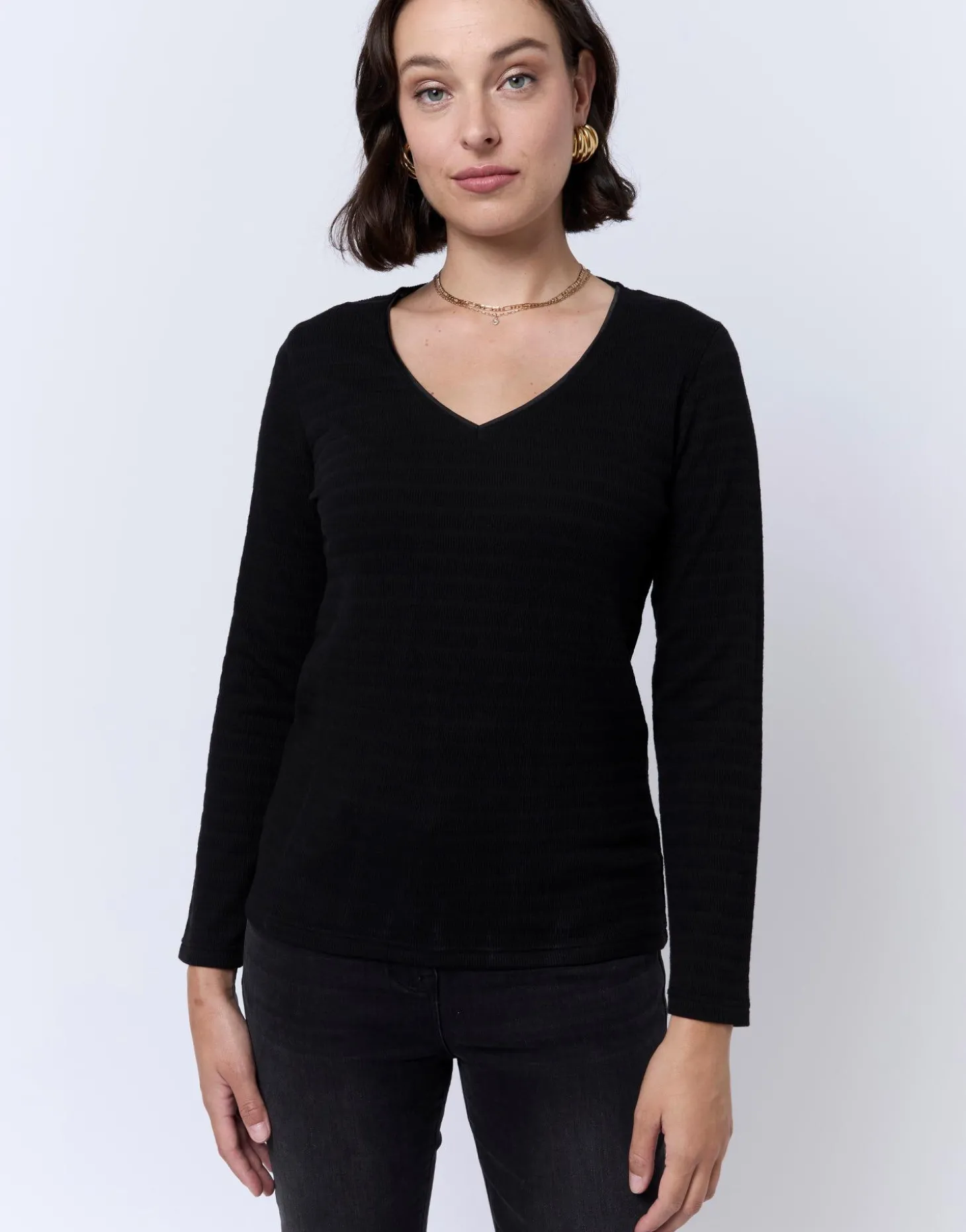 T-Shirt manches longues en mélange coton uni NOIR Femme