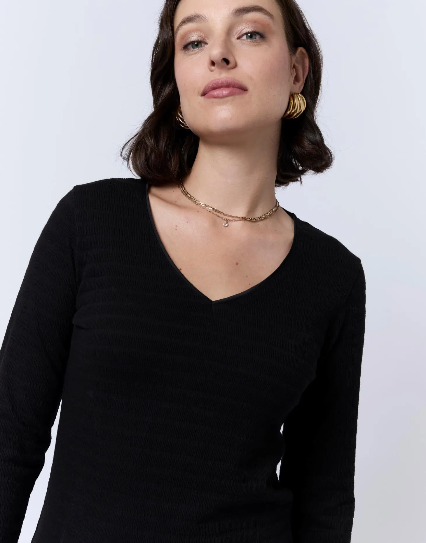 T-Shirt manches longues en mélange coton uni NOIR Femme